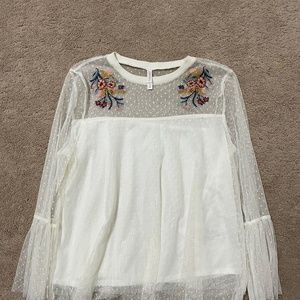 Women’s Cream Embroidered Long Sleeve Mesh Top